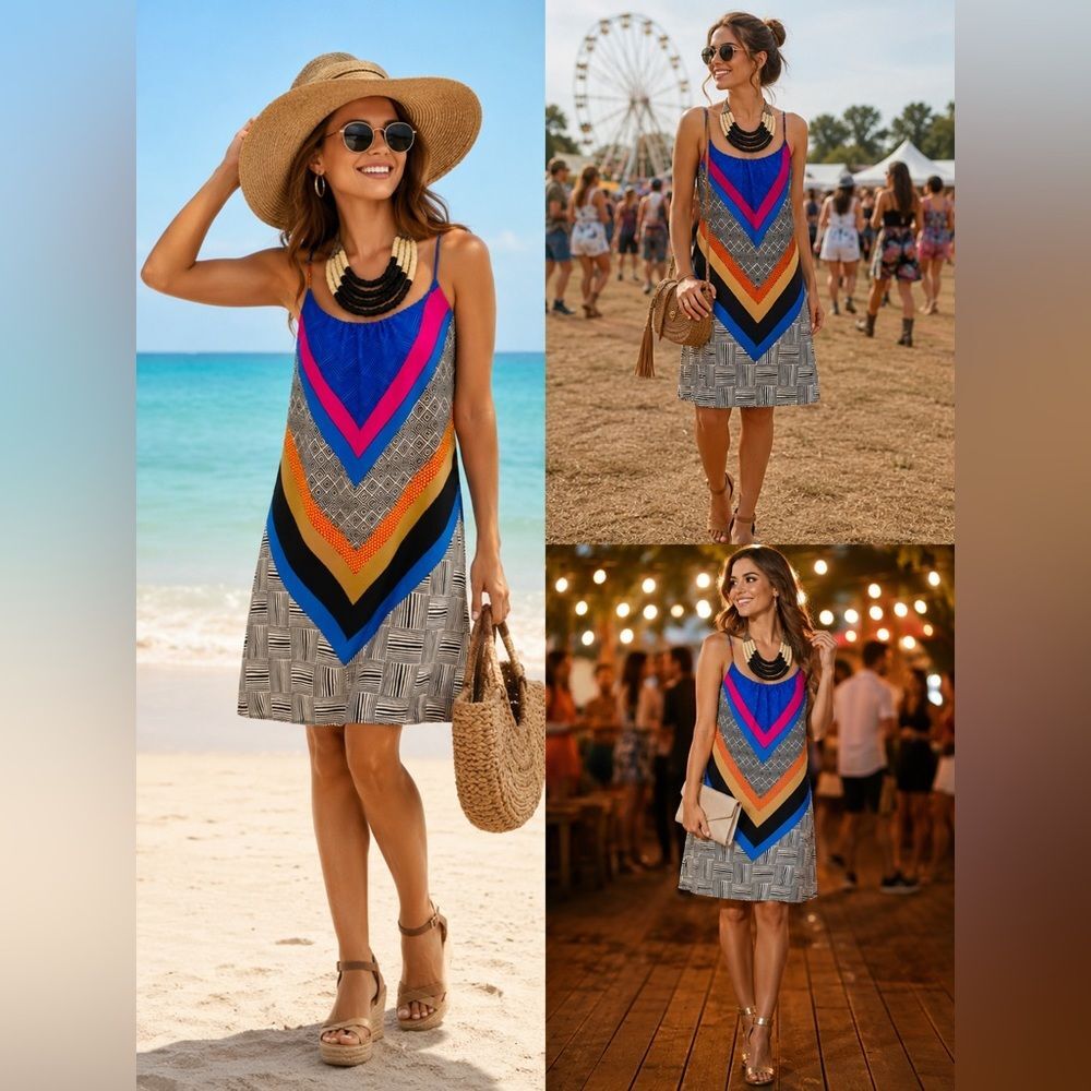 Vestique Blue Pink Orange Chevron Slip Maxi Dress